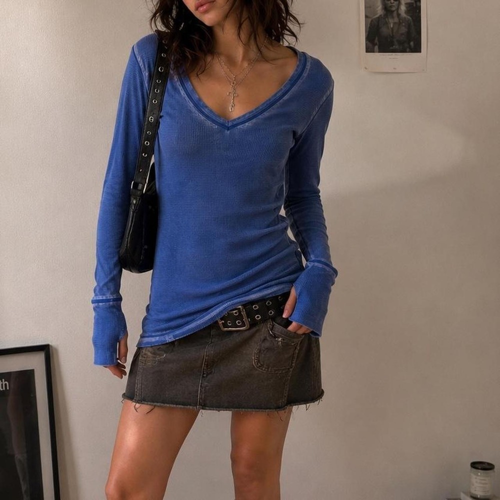 Peyton Jensen Blue Waffle Knit Thermal Top Small Indie Sleaze